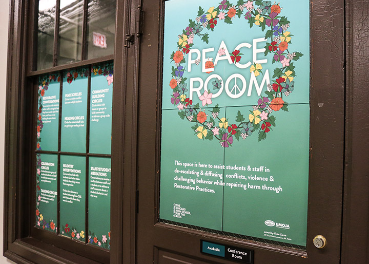Door and windows with "Peace Room" signs over the door