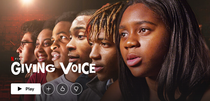 Netflix title card of "Giving Voice" showing the faces of the case including ChiArts alumni