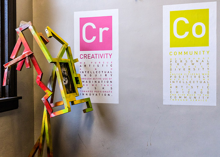 Posters on a classroom wall about Creativity and Community