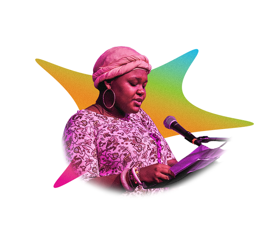 ChiArts Creative writing student reads poem before a mic, with a rainbow background behind them.